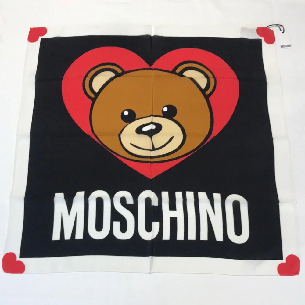 Moschino Teddy Bear Heart Scarf 100% Silk Made in Italy 26x25 NWT